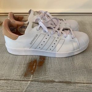 Adidas superstars white with nude logo heel